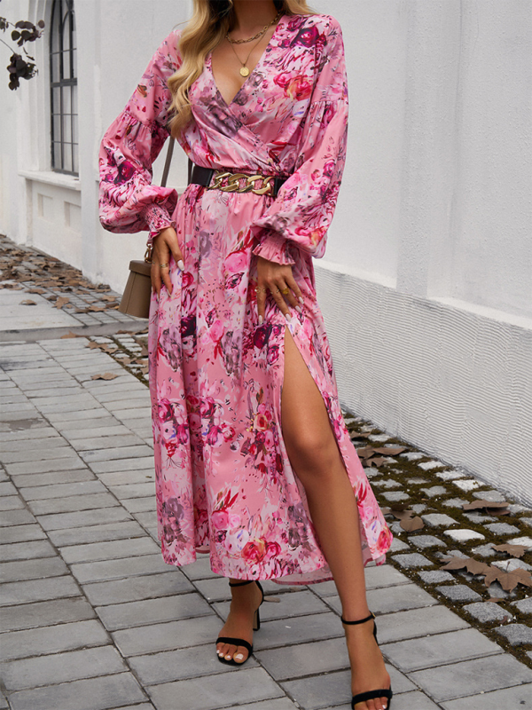 Elegant V-Neck High-Waist Printed Dress