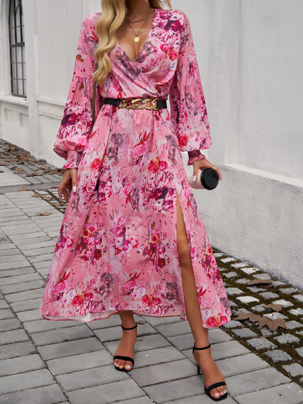 Elegant V-Neck High-Waist Printed Dress