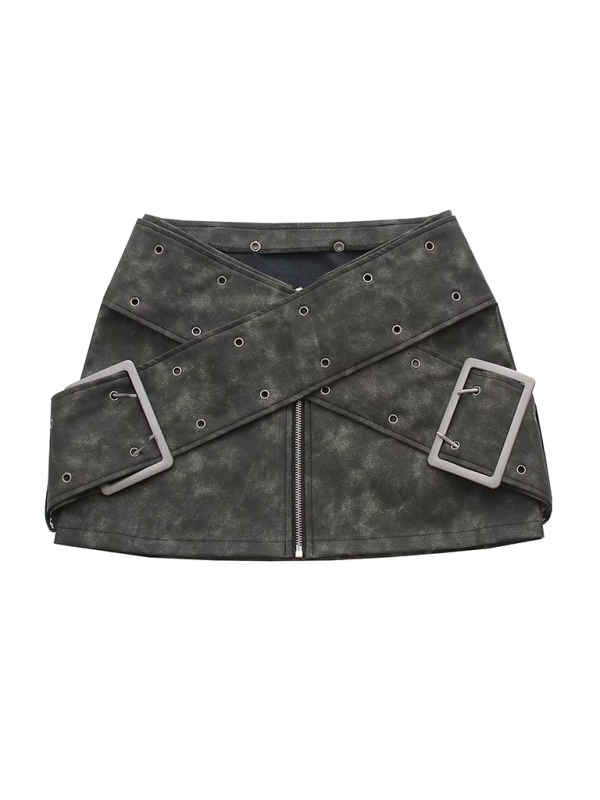 Retro Workwear-Style Zipper PU Leather Skirt