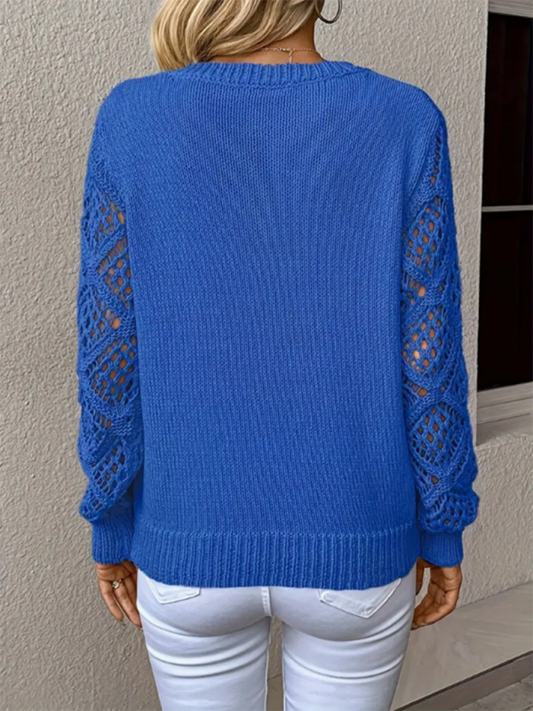 V-Neck Hollow Long-Sleeve Solid-Colour Casual Top