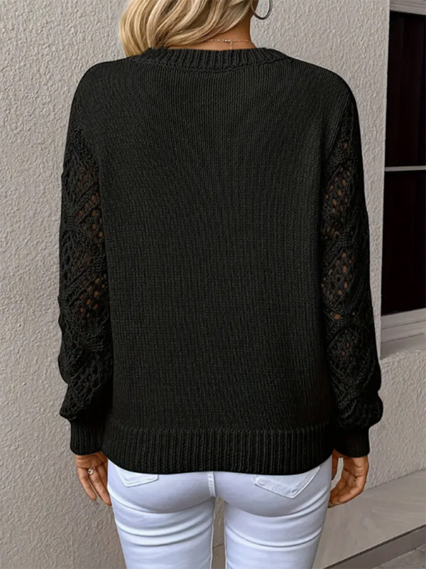 V-Neck Hollow Long-Sleeve Solid-Colour Casual Top