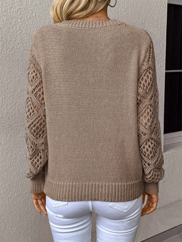 V-Neck Hollow Long-Sleeve Solid-Colour Casual Top