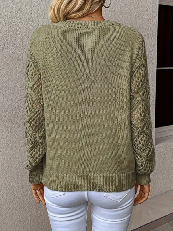 V-Neck Hollow Long-Sleeve Solid-Colour Casual Top