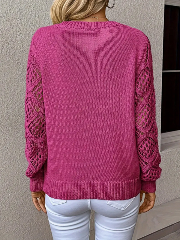 V-Neck Hollow Long-Sleeve Solid-Colour Casual Top