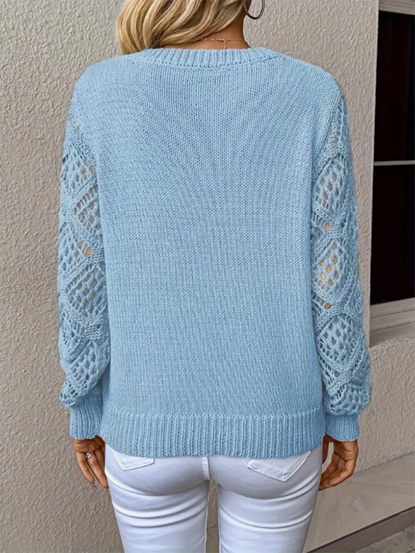 V-Neck Hollow Long-Sleeve Solid-Colour Casual Top