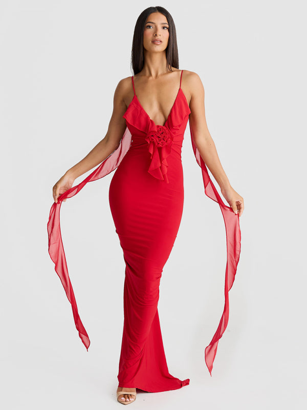 V-Neck Backless Fishtail Evening Dress