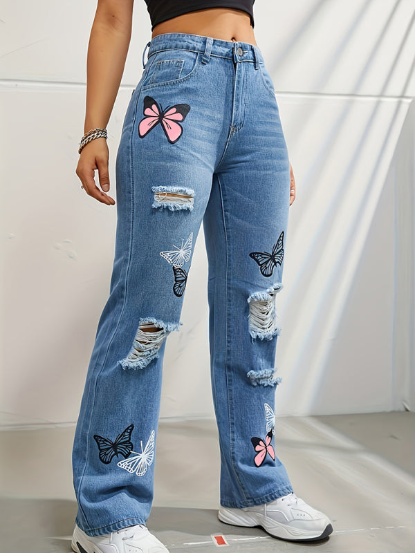 Women's Butterfly-Printed Ripped Straight High-Waist Denim Trousers