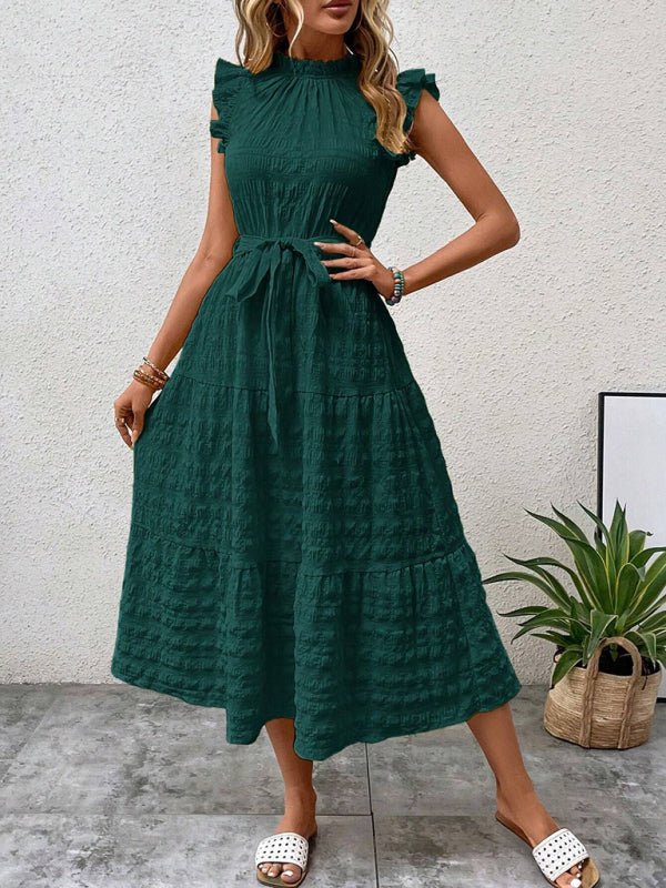 New Ruffles Flying-Sleeve Lace-Up Textured Dress