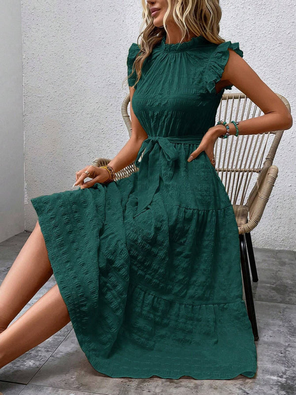 New Ruffles Flying-Sleeve Lace-Up Textured Dress