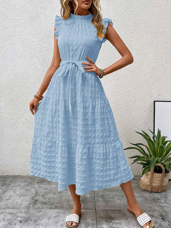 New Ruffles Flying-Sleeve Lace-Up Textured Dress