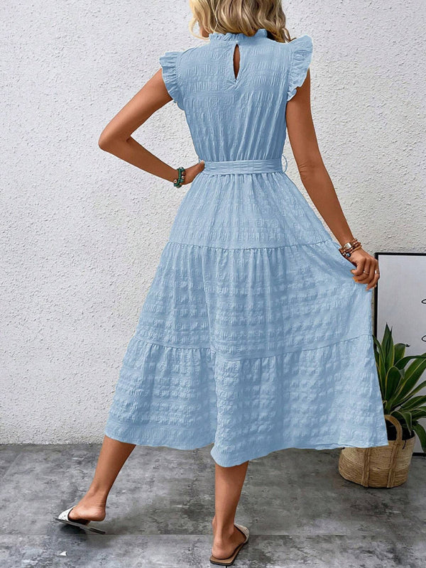 New Ruffles Flying-Sleeve Lace-Up Textured Dress