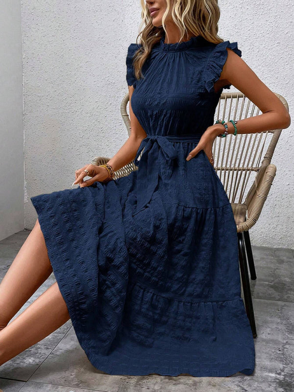 New Ruffles Flying-Sleeve Lace-Up Textured Dress