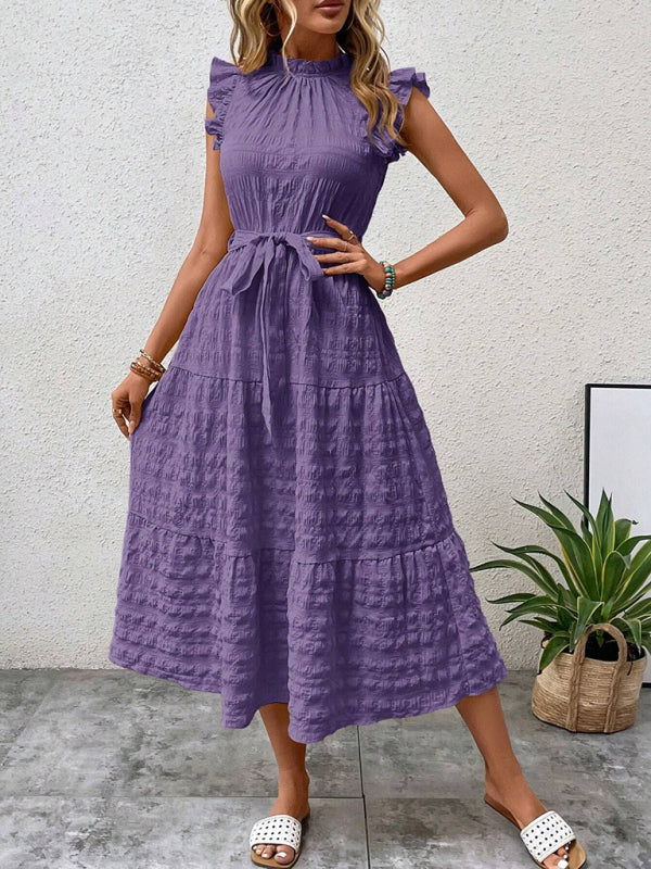 New Ruffles Flying-Sleeve Lace-Up Textured Dress