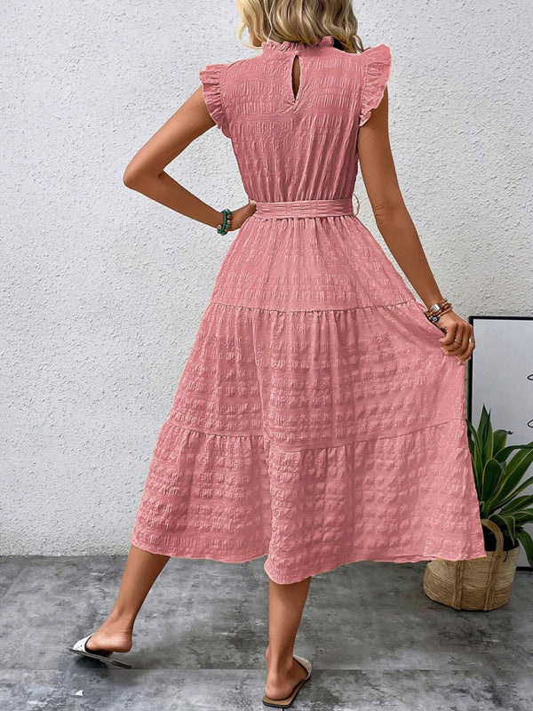 New Ruffles Flying-Sleeve Lace-Up Textured Dress