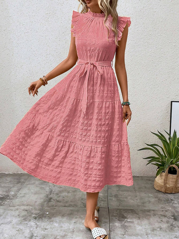 New Ruffles Flying-Sleeve Lace-Up Textured Dress