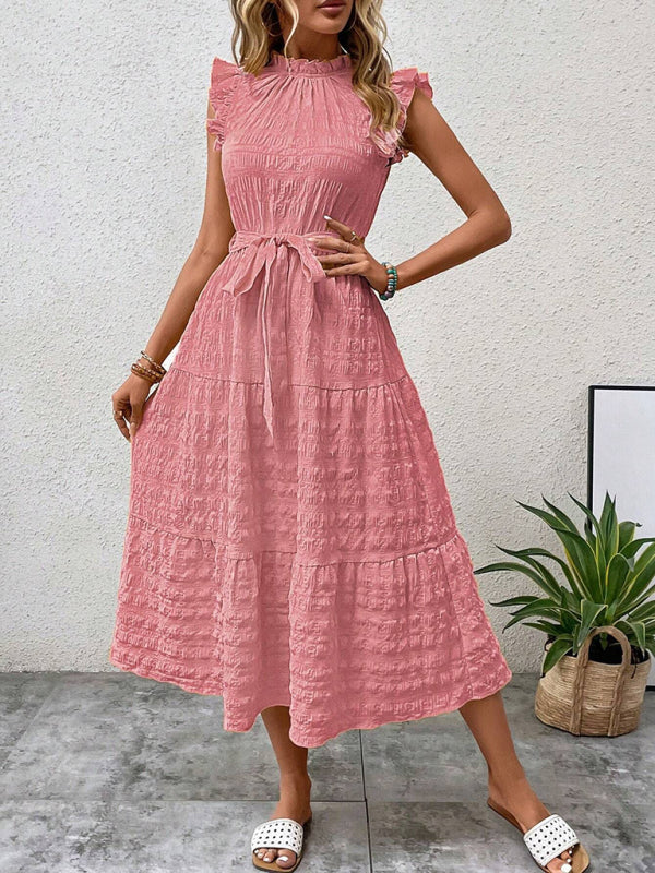 New Ruffles Flying-Sleeve Lace-Up Textured Dress