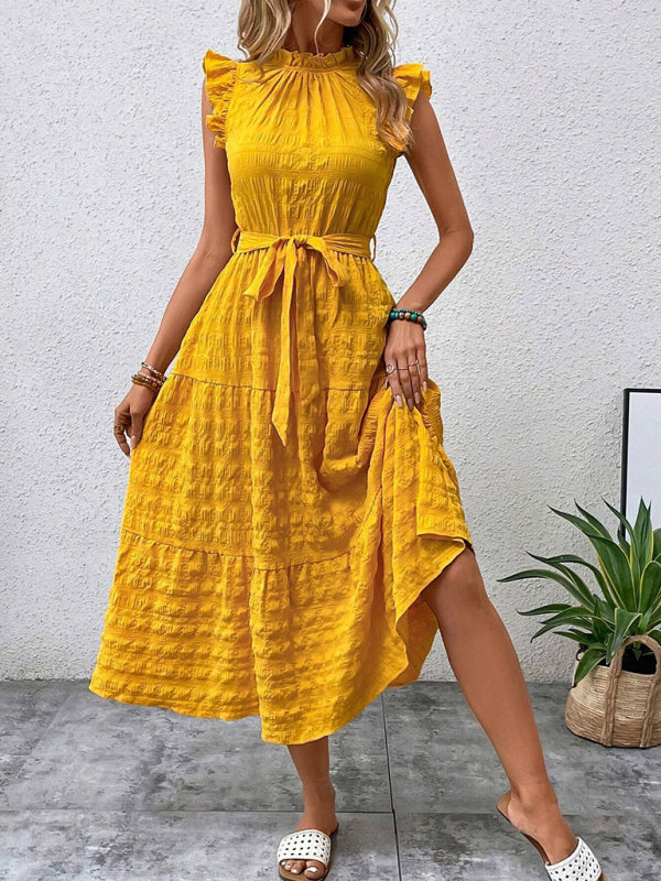 New Ruffles Flying-Sleeve Lace-Up Textured Dress