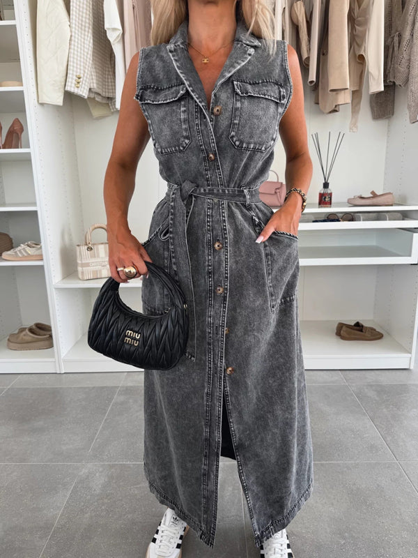 New Sleeveless Single-Breasted Denim Dress