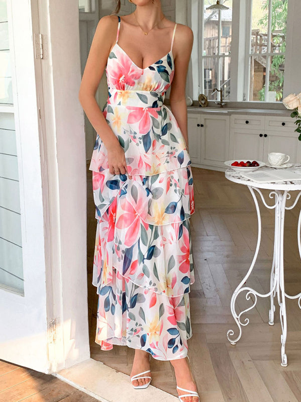 Elegant style suspender printed layered dress