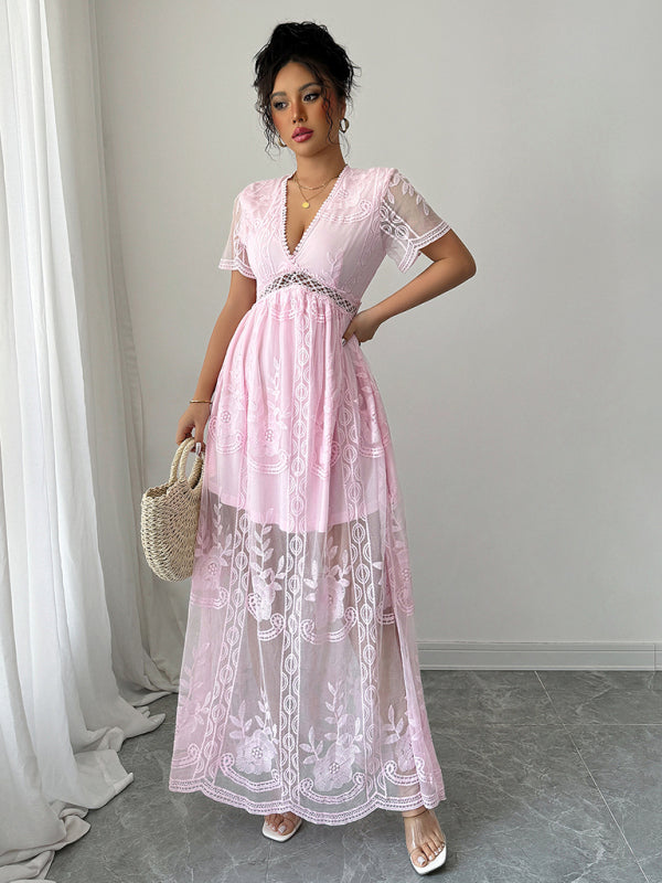 Pink Lace Hollow Short Sleeve Dress
