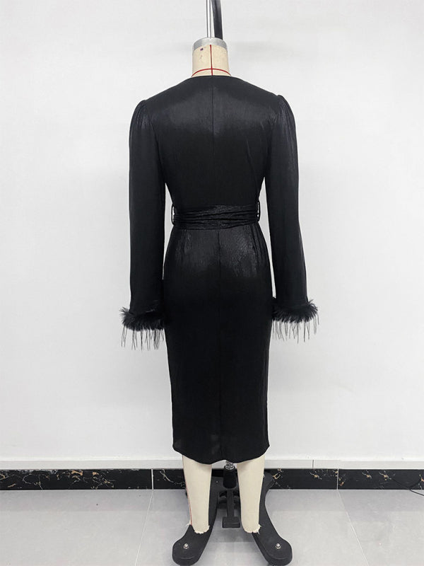 New retro party dress with elegant deep V-neck and slit