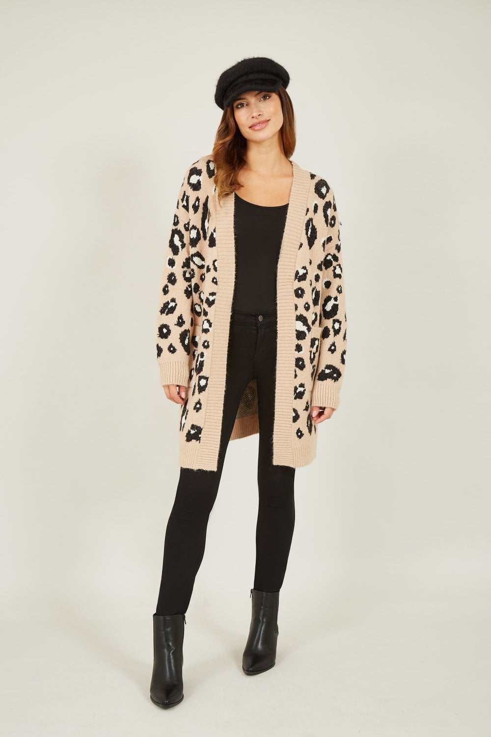 Beige Animal Intarsia Long Cardigan