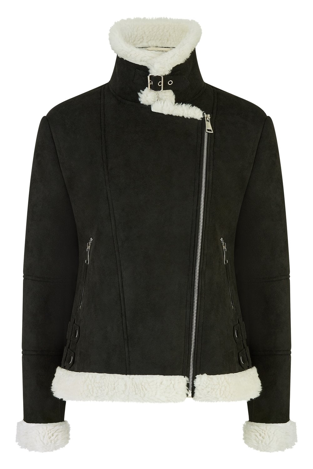 Black Faux Suede & Shearling Biker-Style Jacket