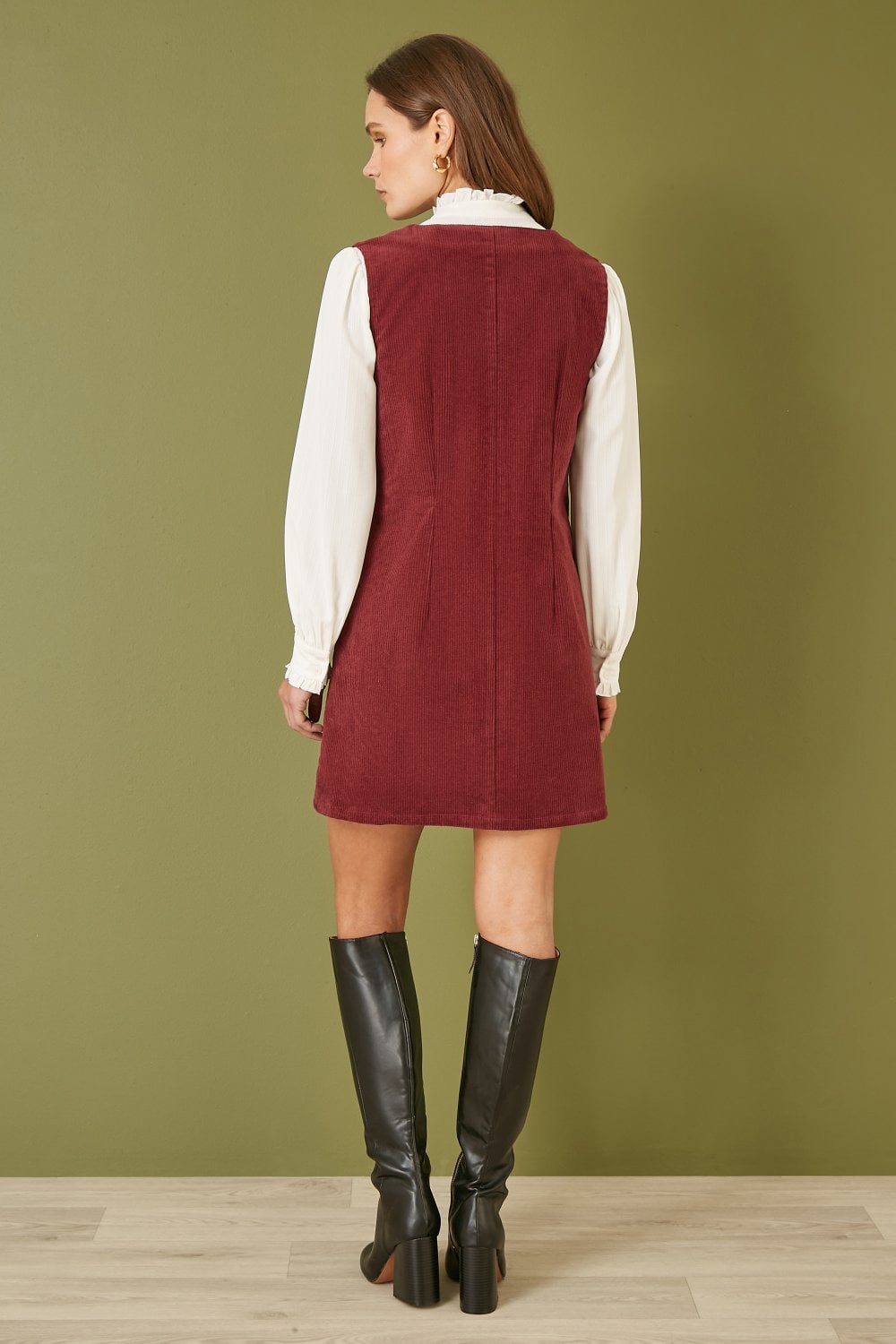 Burgundy Cord Button Through Pinafore Dress With Pockets