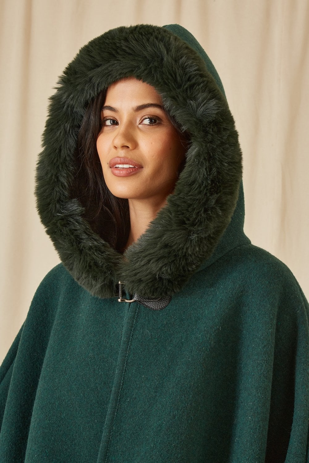 Green Cape With Luxe Fur Trim & Lining