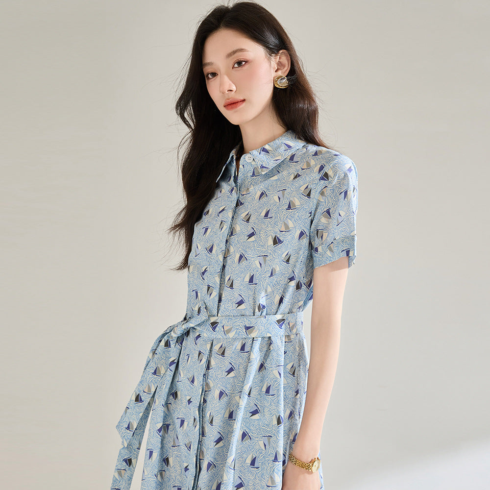 Anti-wrinkle Cotton Printed Blue Round Neck Long Dress