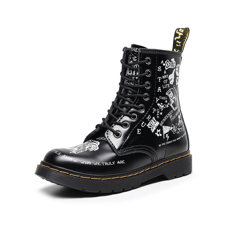 Hard-Leather Skull Graffiti Leather Boots