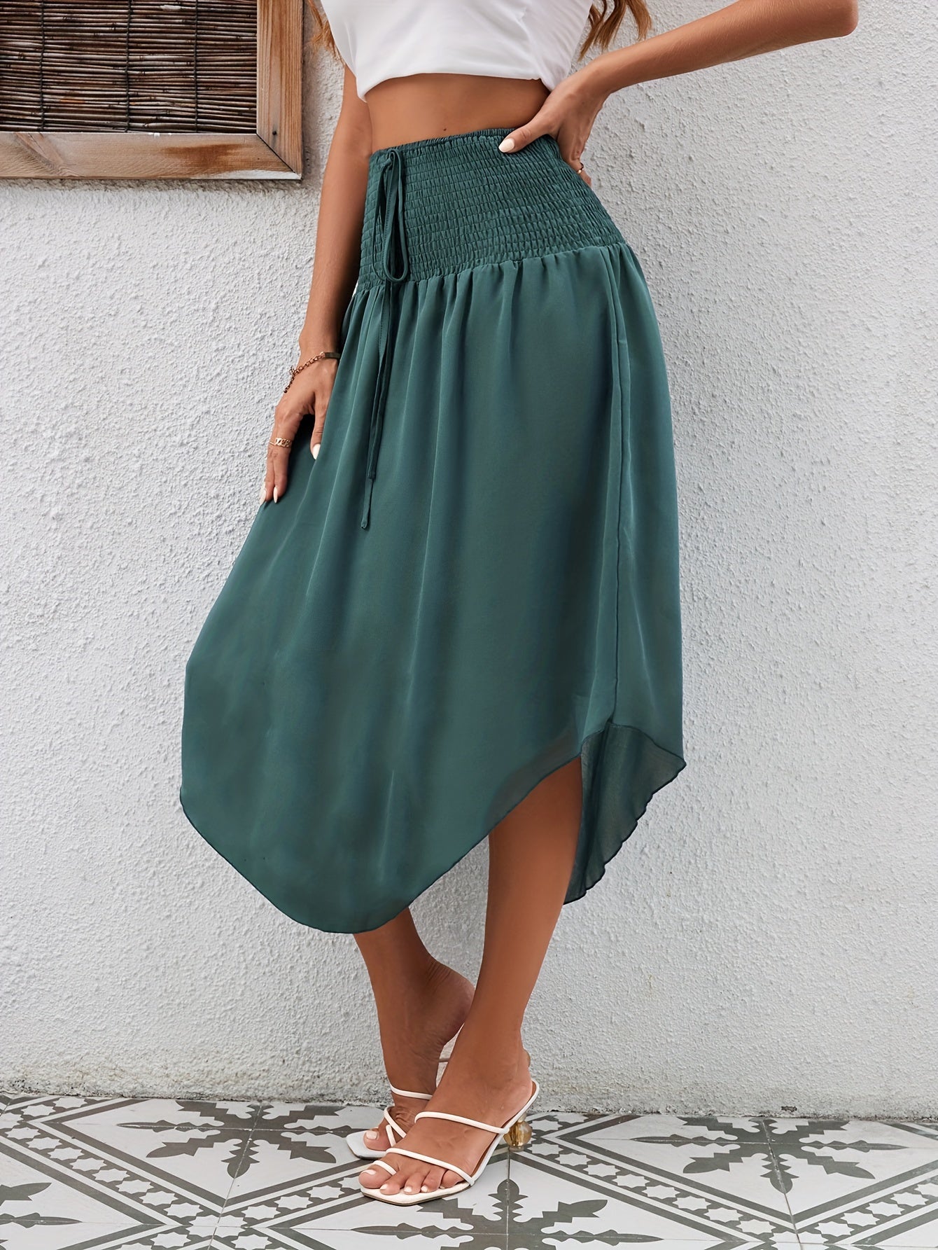 Asymmetrical Hem Tie Front Midi Skirt