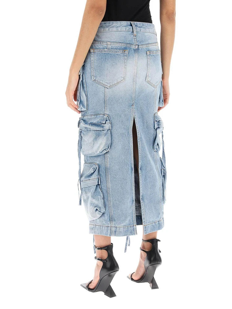 High-Waist Patchwork Pocket Cargo Skirt