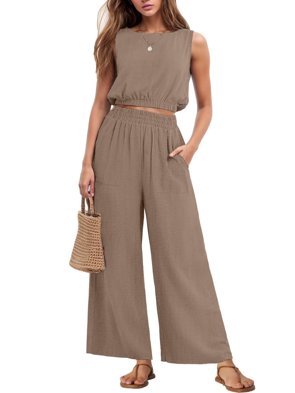 Womens Casual Round-Neck Sleeveless High-Waist Wide-Leg Two-Piece Set With Elastic Hem