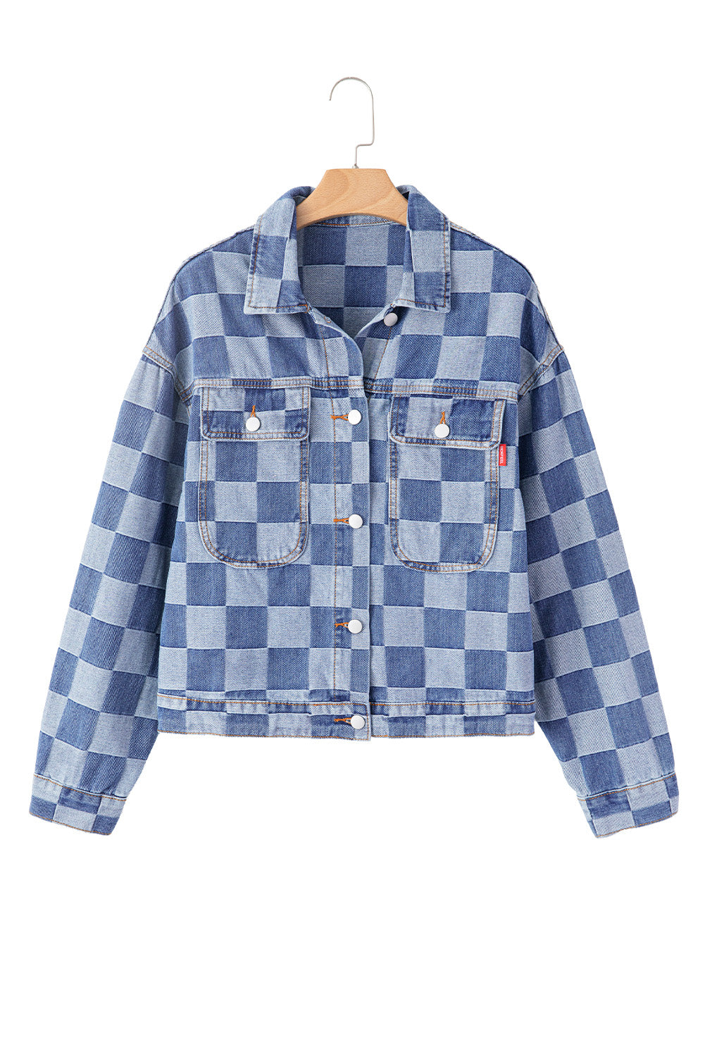 Light Blue Chequered Patchwork Button-Up Denim Jacket