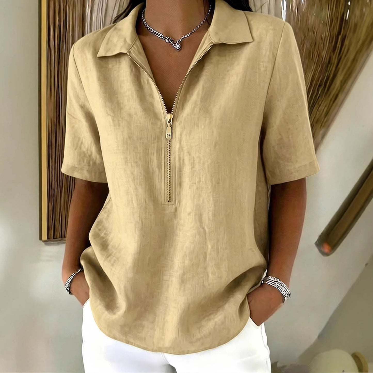 Solid-color Lapel-zip Mid-sleeve Womens Blouse