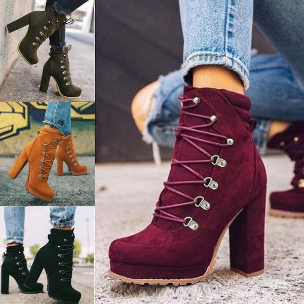 Round-Toe Lace-Up High-Heel Boots