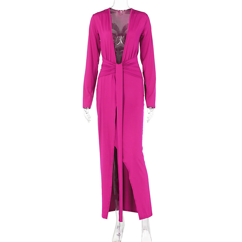 Women's Deep V-neck Long Sleeve Tied Split Dress