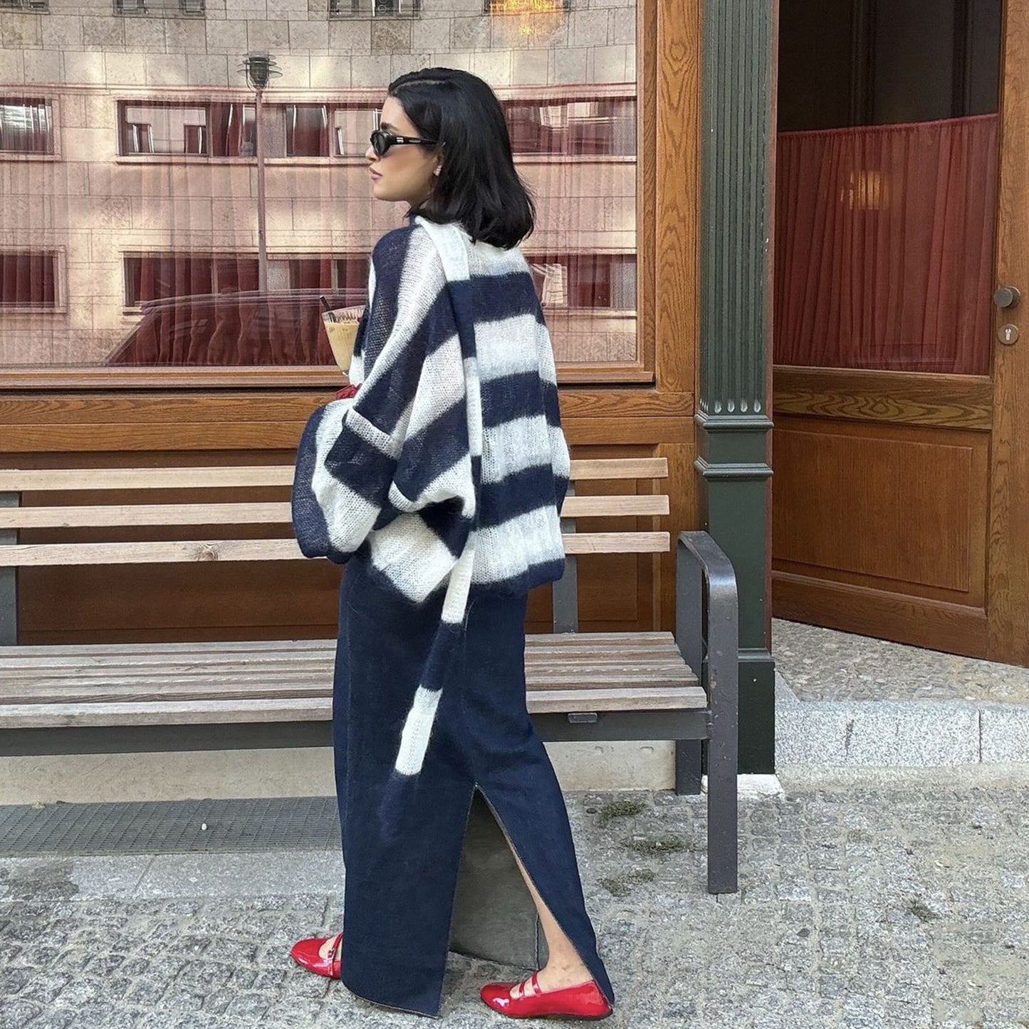 Loose Idle Striped Sweater Cardigan With Scarf