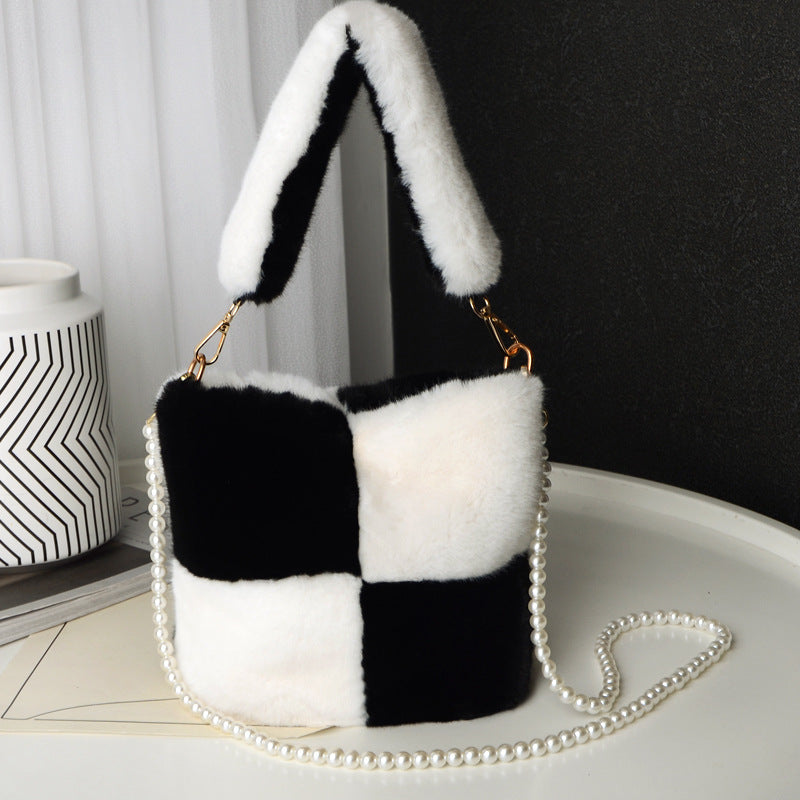 Checkerboard Plush Bucket Bag With Pearl Chain Design