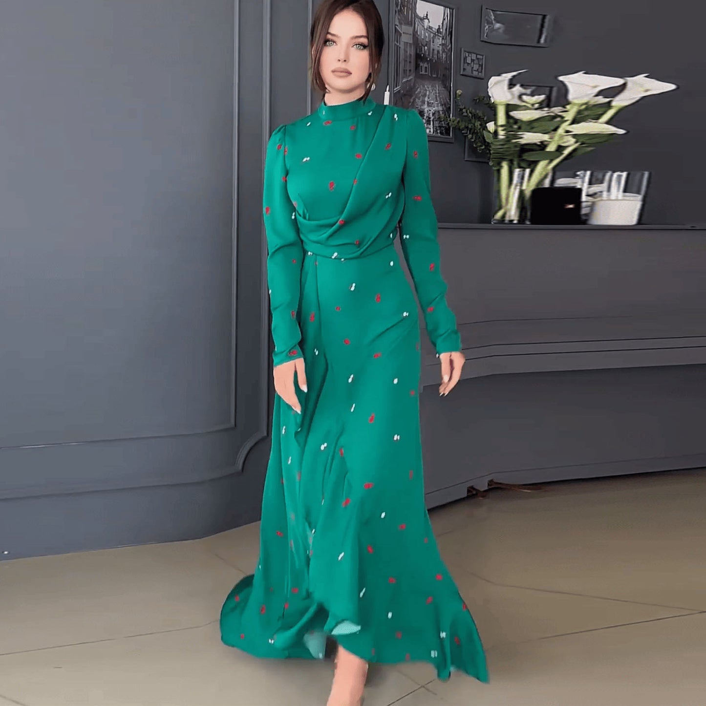 Long-Sleeve Slim-Fit Ruffled Large Swing Dress
