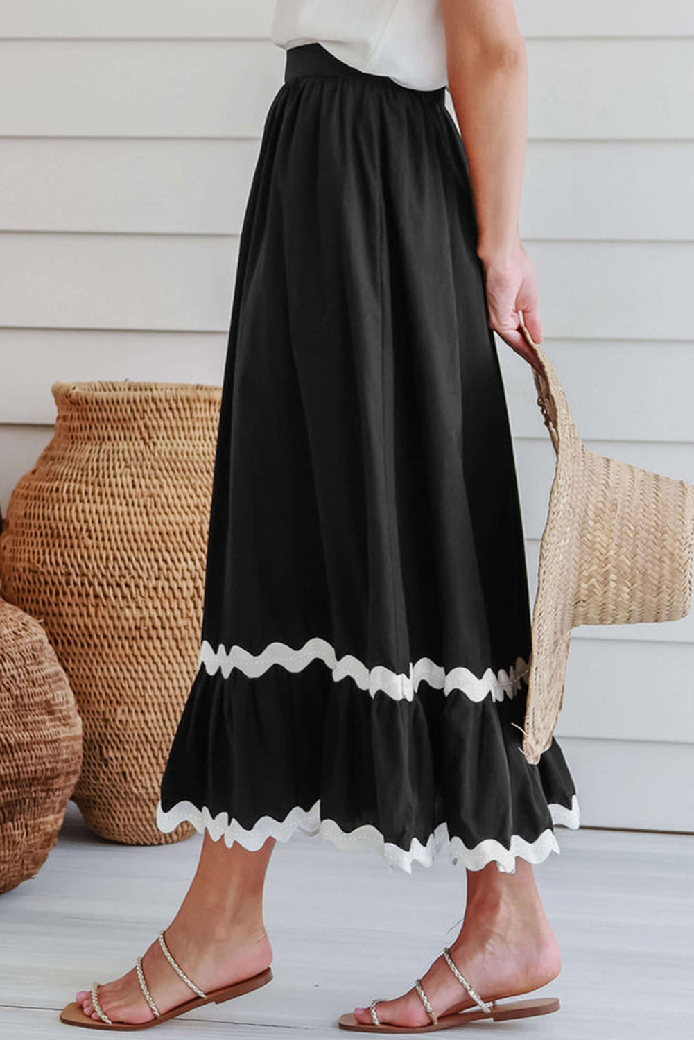 Black Ricrac Trim Colourblock High-Waist Skirt