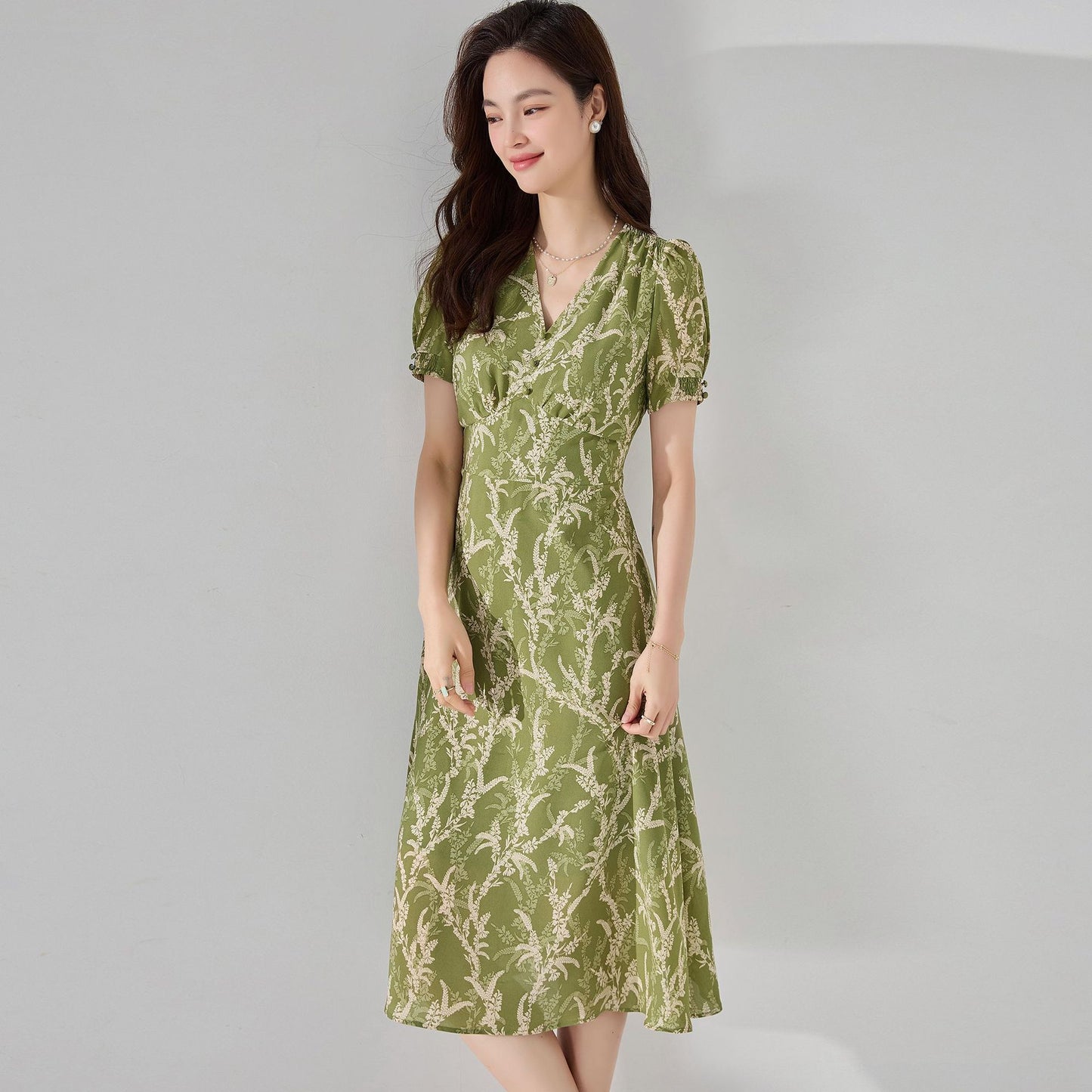 Avocado Green Chiffon Printed Tea V-neck Dress