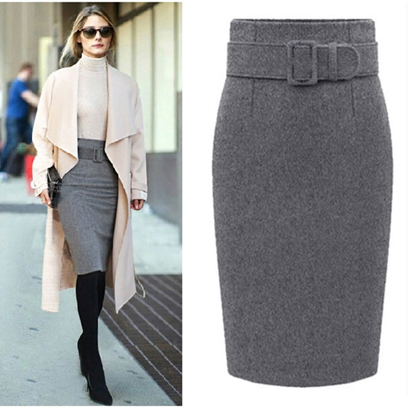 Thick Solid-Colour Mid-Length Wool Woollen Skirt For Women