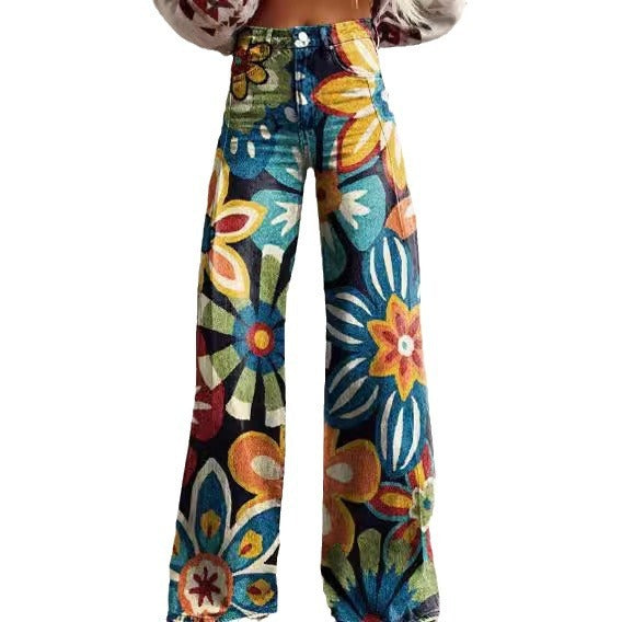 Women's 3D Printed Denim Wide-Leg Pants