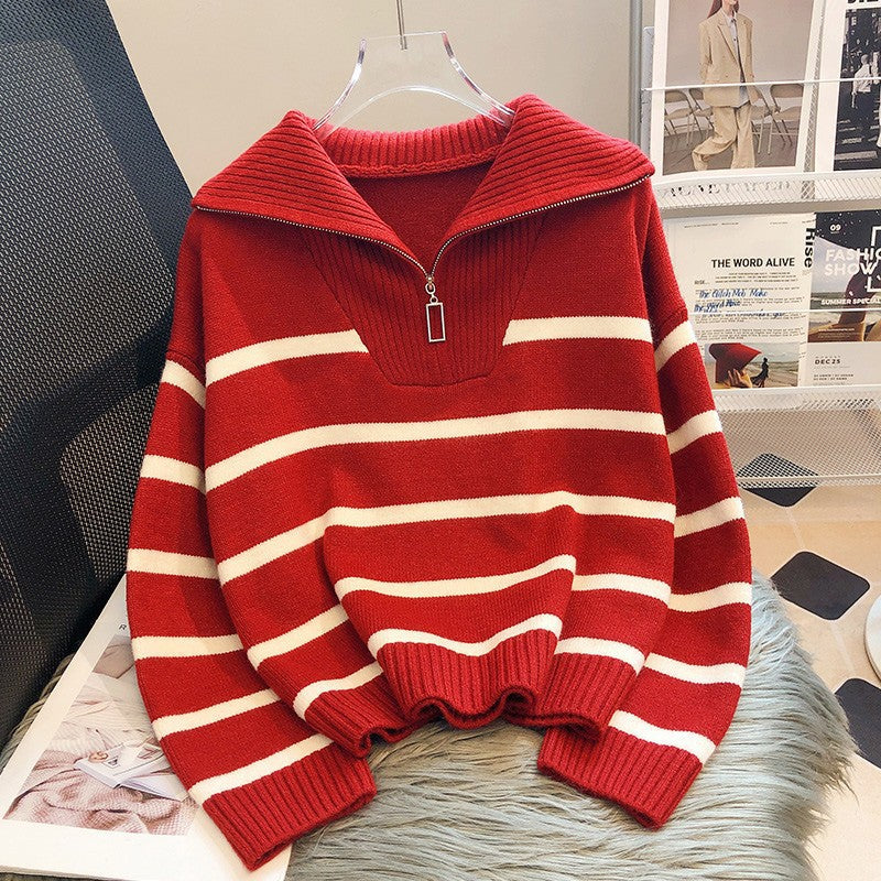 Korean-Style Loose Fashion Zipper Striped Sweater