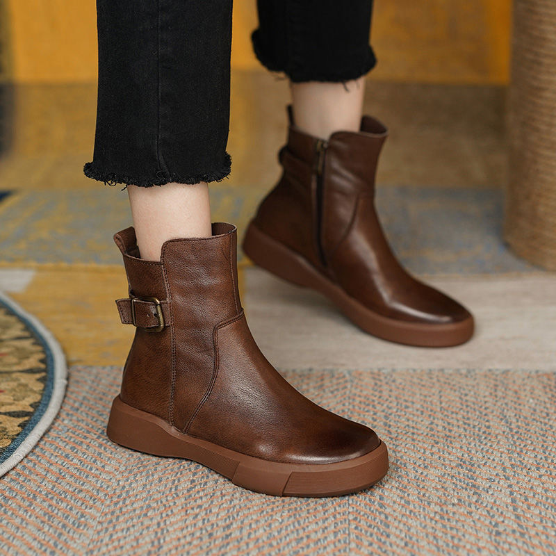 Vintage Side-Zipper Buckle Ankle Boots