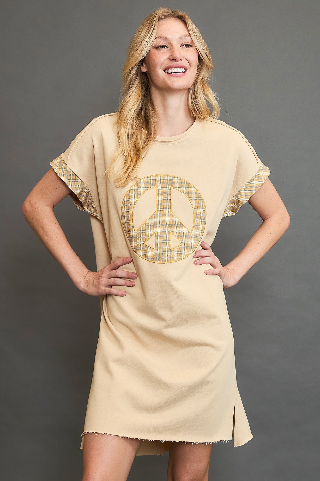 Umgee Peace Plaid Applique Short Sleeve Mini Dress - US Only
