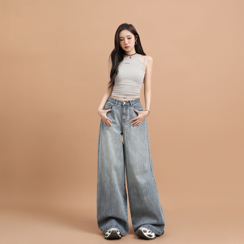 Bamboo-Knot Loose Wide-Leg Denim Trousers
