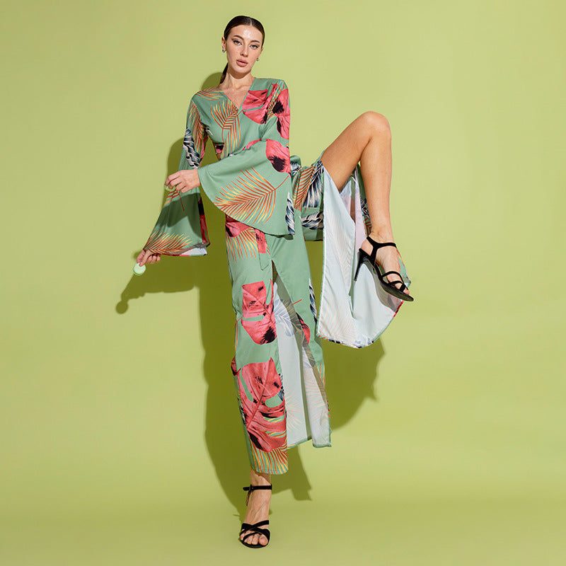 Street Bell Sleeve High Waist Slit Wide Leg Pants Suit